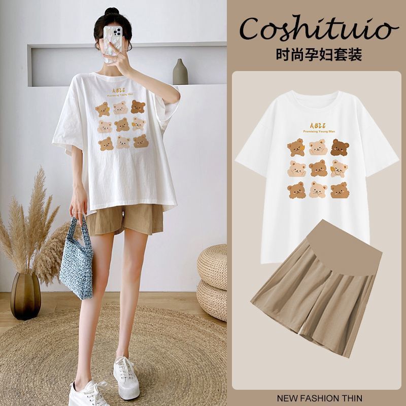 Pregnant women's two-piece set summer Korean-style cartoon bear fashionable style belly cover top maternity set for wearing outside