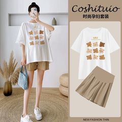 Pregnant women's two-piece set summer Korean-style cartoon bear fashionable style belly cover top maternity set for wearing outside