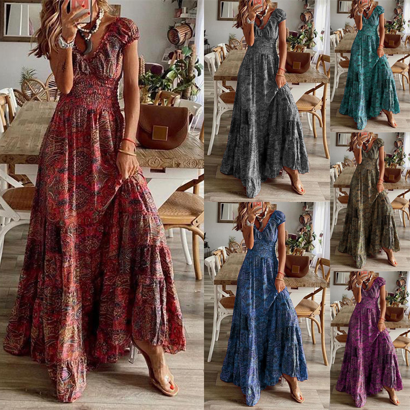 Europe and the United States cross-border Bohemian style 2022 new dress waist floral printing dress