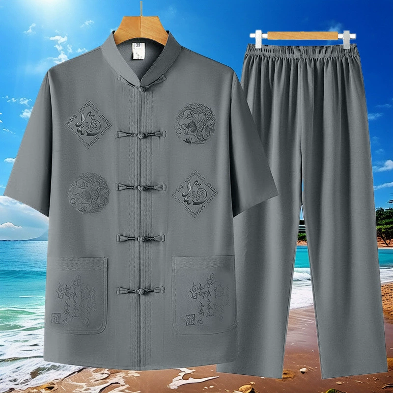Летняя рубашка династии Хань, мужской костюм для папы, китайский стиль, 60-летний, 70-летний дедушка, китайская рубашка из двух предметов для пожилых людей