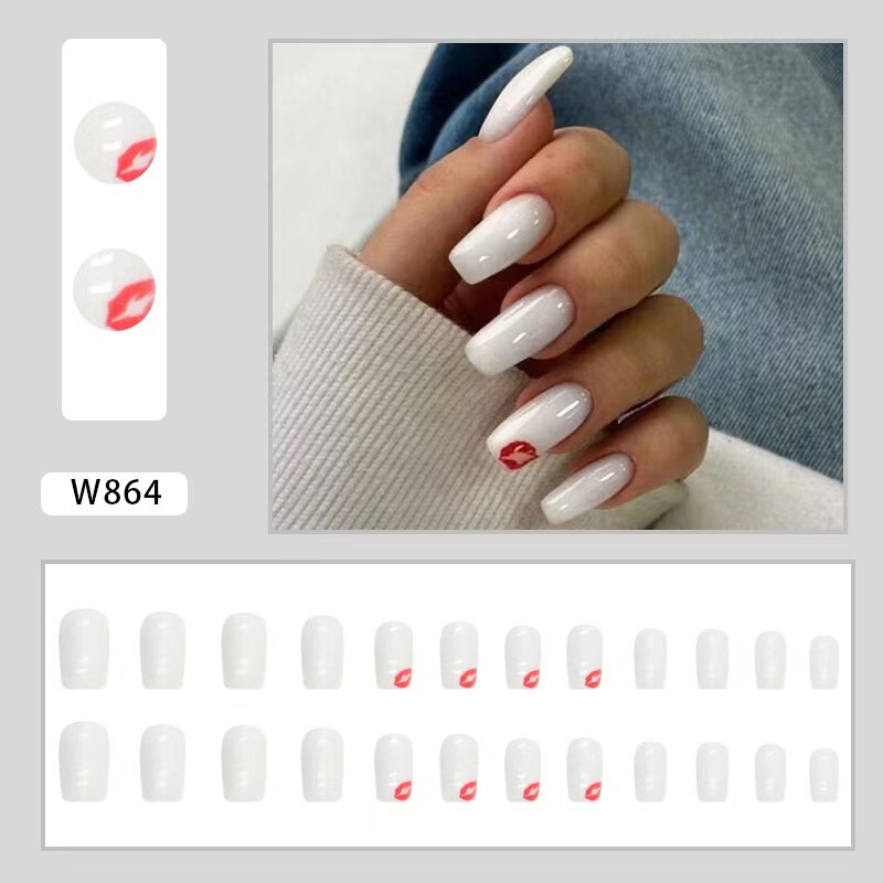 Medium and Long European Style Pure White Full Armor Red Lip Print Temperament Manicure Pieces Red and White Skip Color Manicure Wear Armor Medium and Long European Style Pure White Full Armor Red Lip Print Temperament Manicure Pieces Red and White Skip Color Manicure Wear Armor