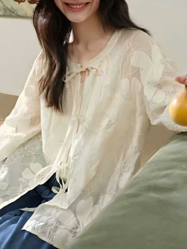 阔色新中式蕾丝刺绣天丝衬衫女25早秋季新款米白吊带两件套装上衣|undefined