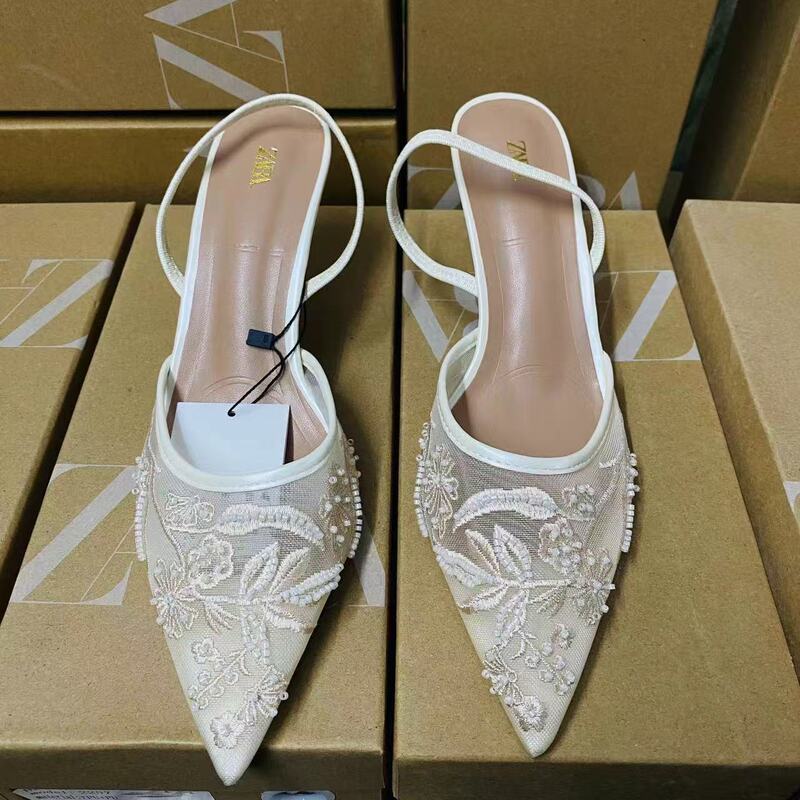 ZAR 2024 Autumn New New Pointed Toe Baotou Empty Solid Color Embroidered Mesh Fine Heel Mueller Shoes