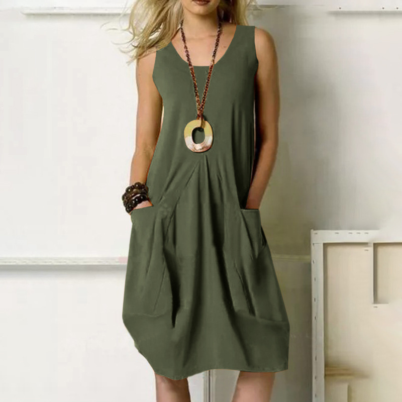 Cross-Border 2026 Spring/Summer New Amazon Cotton-Linen Asymmetric Hem Solid Color Loose Round Neck Sleeveless Dress