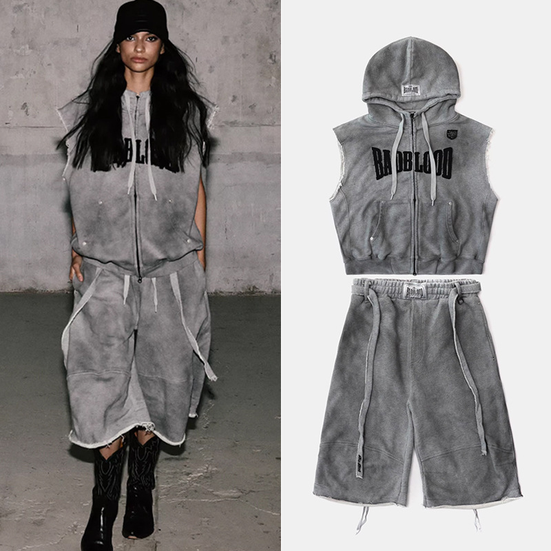 Badblood American Retro Washed Distressed Hooded Vest Sexy Casual Tie-Dye Three-Point Wide-Leg Pants Suit Trendy