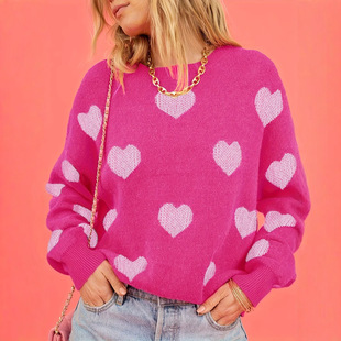 2025 Cross-Border Autum New Round Neck Pullover Heart European and American Large Size Long-Sleeved Loose Knitwear Women's Knitwear
