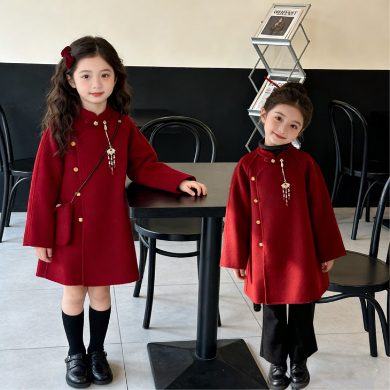 Zhili children's red new Chinese style woolen coat for girls, autumn and winter new style, festive children's New Year clothes, thick winter clothes