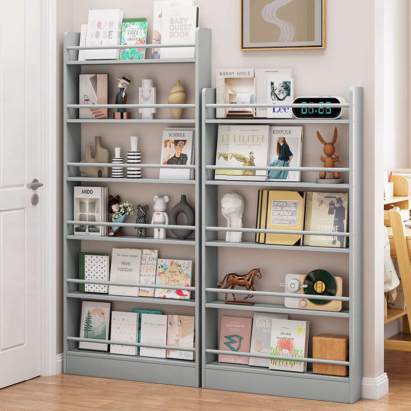 Children's Bookshelf Storage Rack Floor Wall-Mounted Multi-Layer Storage Rack Solid Wood Household Picture Book Rack Door-Rear Ultra-Thin Narrow Bookcase