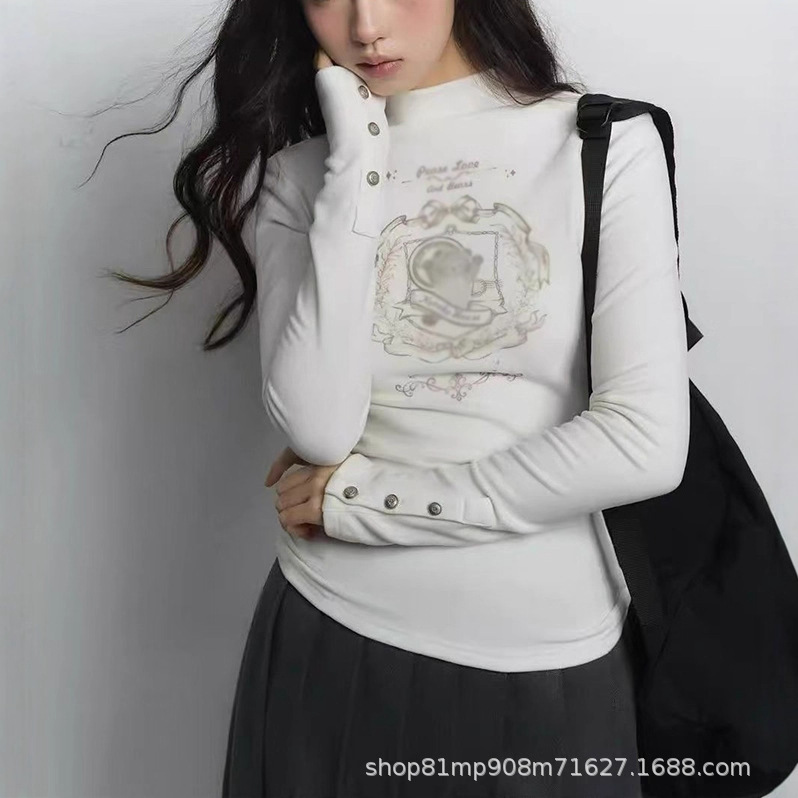 Half Turtleneck White Inner German Velvet Bottoming Shirt for Women in Autumn and Winter New Slim Fit Threaded German Velvet Long-Sleeved T-Shirt Top Fleece-Lined