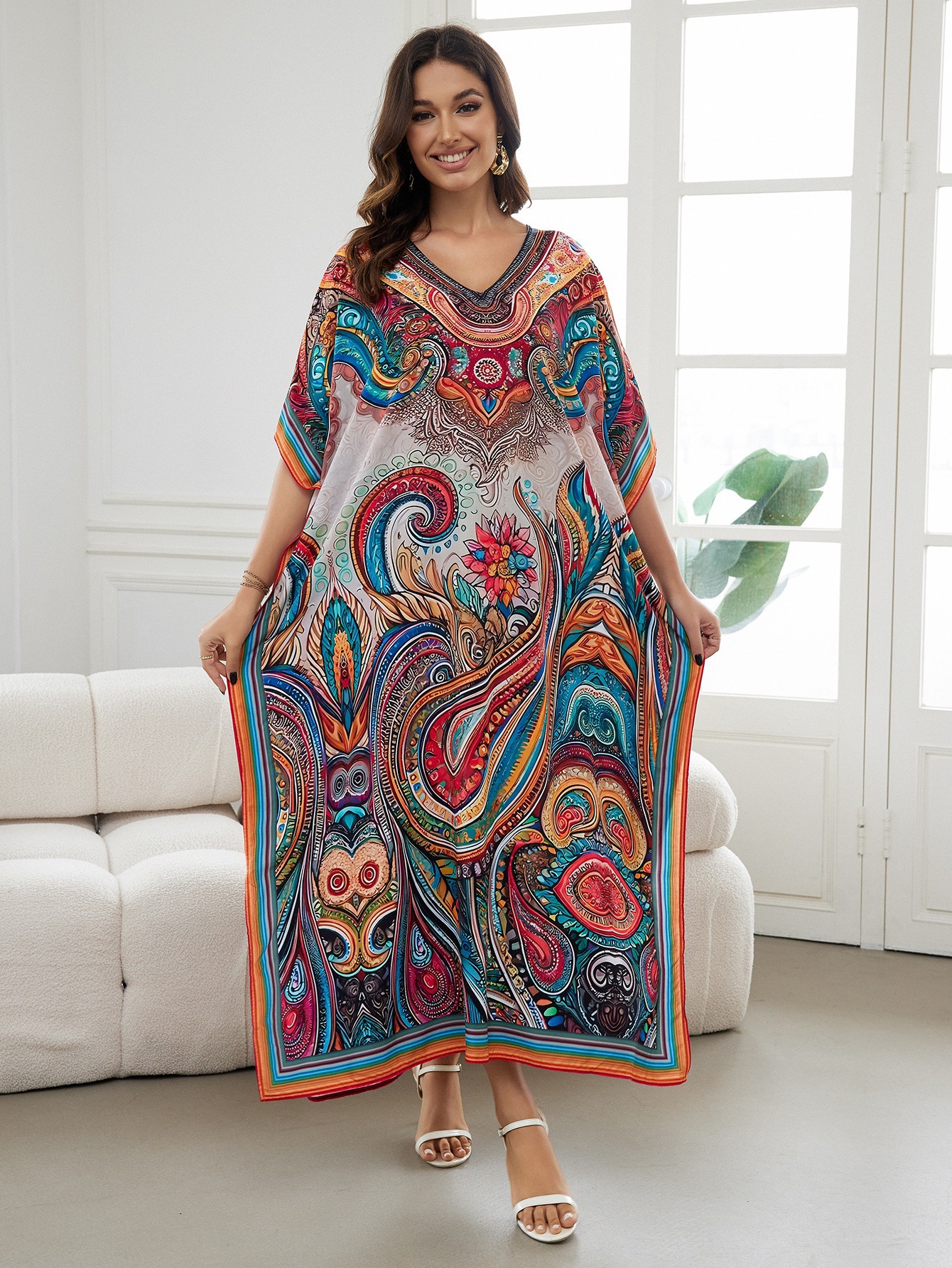 Rochie de plajă lungă kimono dama boho viscoză tie-dye_voghion.com