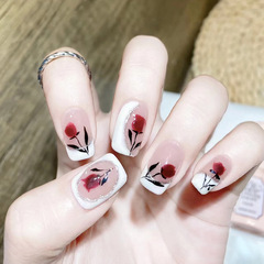 Simple milk white French style with retro rose manicure pieces wearable nails wholesale light luxury style fake nails nails