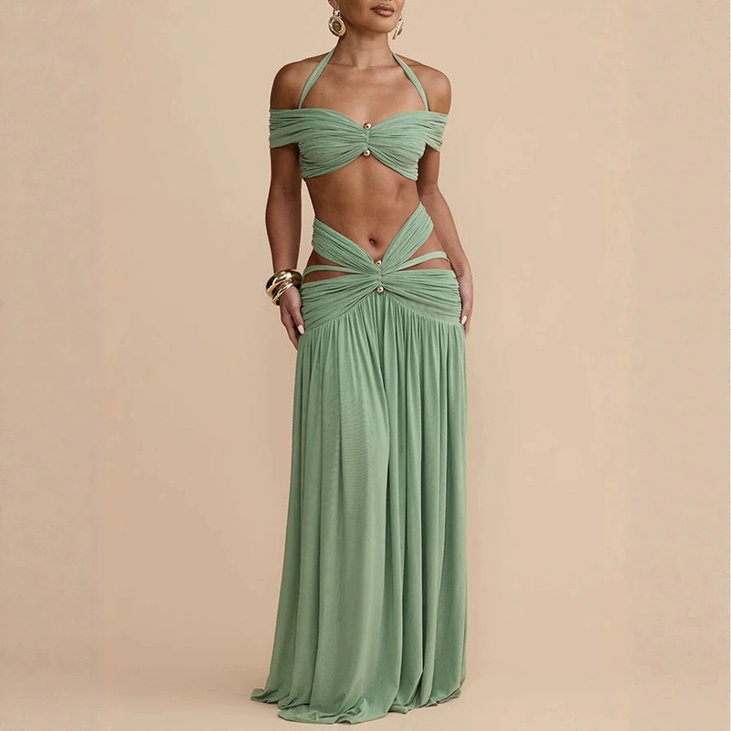 Independent Brand European and American Women's Fashion Halter Neck Pleated Sexy Crop Top Hollow-Out Slimming Drapey Long Dress Two-Piece Set 3067