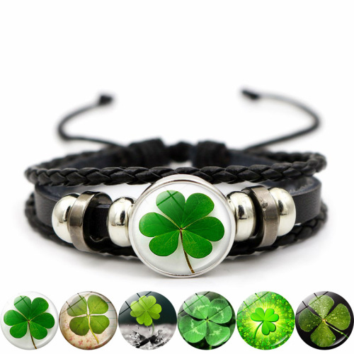 Crystal Four-Leaf Clover Leather Bracelet for Women, Versatile Time Gem Beaded Bracelet, Green Lucky Grass Jewelry