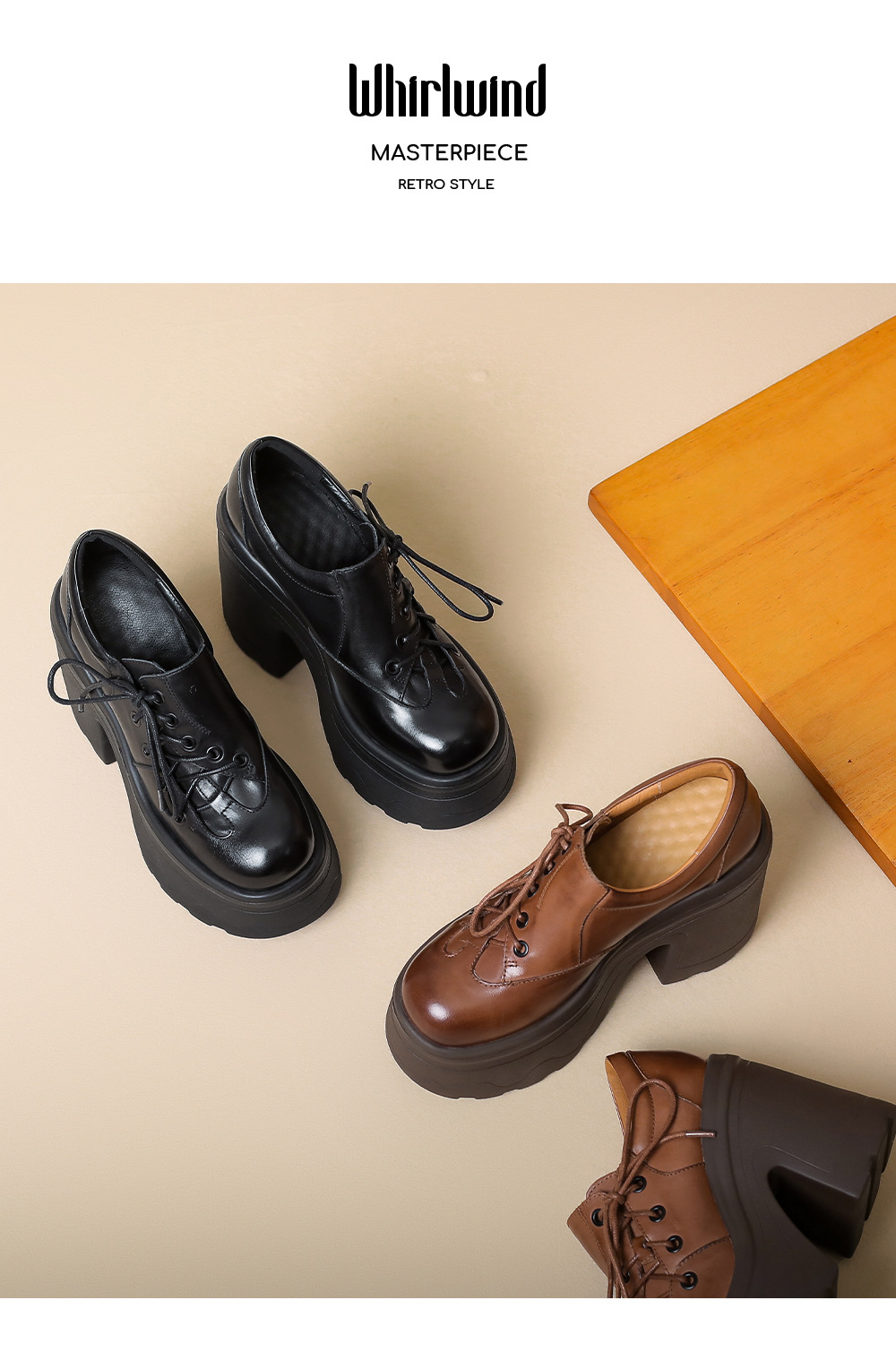 Giày cao gót nữ da thật phong cách Anh quốc cổ điển gót vuông 12 cm đế platform — màu nâu chi tiết 11
