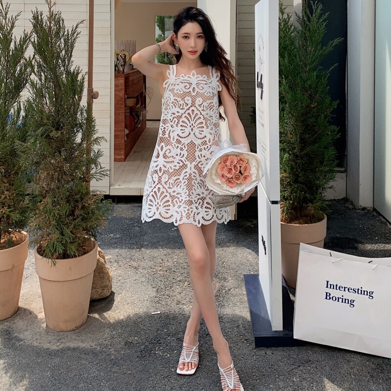 Summer New Women's One-piece Heavy Lace A- line Loosen Waist dress Strap Short Skirt New to Purple