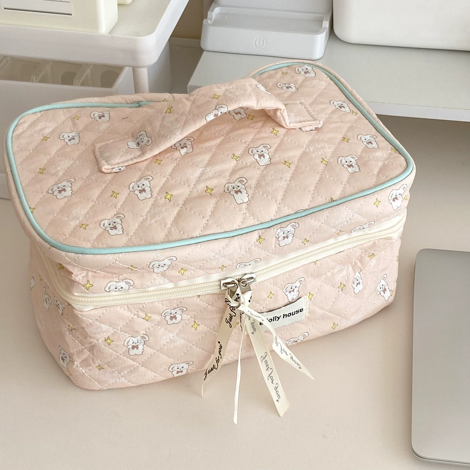 Handheld Cotton Cosmetic Bag, Fresh Cherry Pattern, 25×15×17 cm, Spacious Organizer