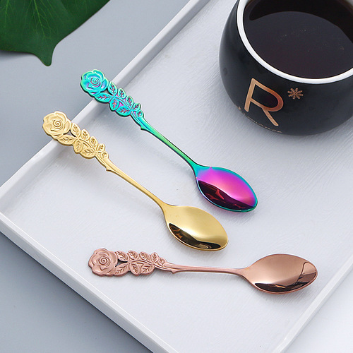 Cross-border hot selling rose coffee spoon wedding hotel dessert spoon gold-plated mixing spoon dessert spoon fruit cake fork