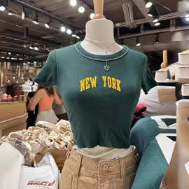 BM风新款黄字NewYork字母毛边短款绿色短袖T恤女bm辣妹修身上衣