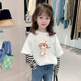 春秋装韩版卡通印花中大童秋衣打底衫女童纯棉长袖T恤假两件上衣
