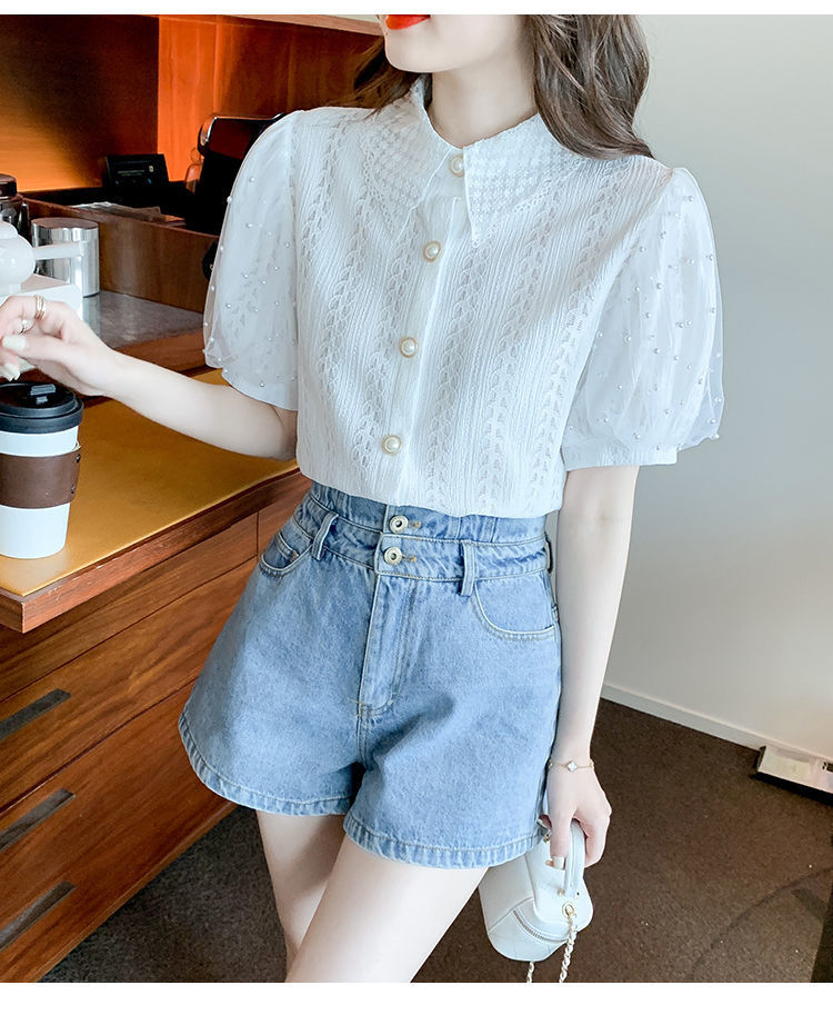 Camicetta da donna in pizzo con maniche a palloncino in rete con perline, cardigan estivo a maniche corte, top trasparente casual, abbigliamento da strada alla moda_voghion.com