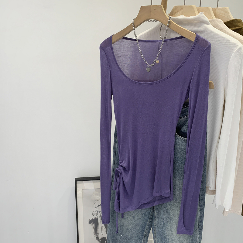 Brand Discount Lyocell Tencel U-Neck Pleated Strap Long-Sleeved T-Shirt for Women 2025 Summer New Sun Protection Blouse Top