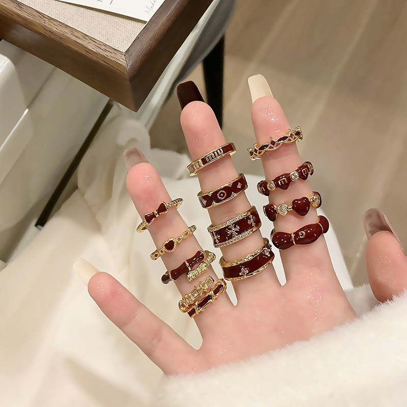 復古喜慶酒紅色滴油戒指女款小眾設計感輕奢簡約精緻百搭指環配飾