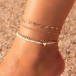 Europe and the United States cross-border fashion jewelry hot fashion small fresh love anklet beach wind color beige beads multi-layer anklet