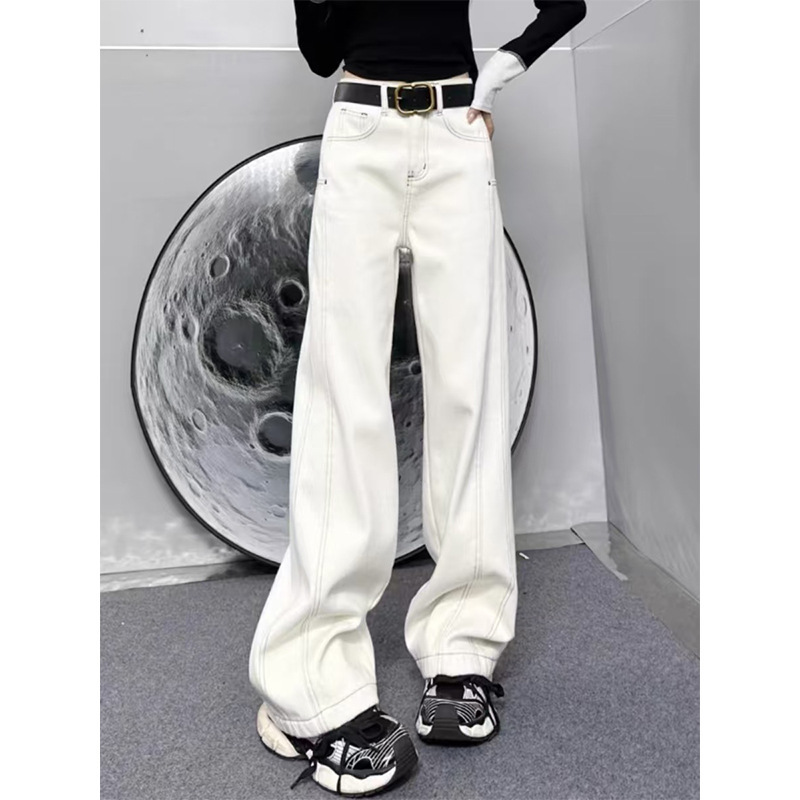 Off-White Straight Jeans for Women 2025 New Large Size Fat mm Pear-Shaped Figure Loose High Waist Slim Wide Leg Pants