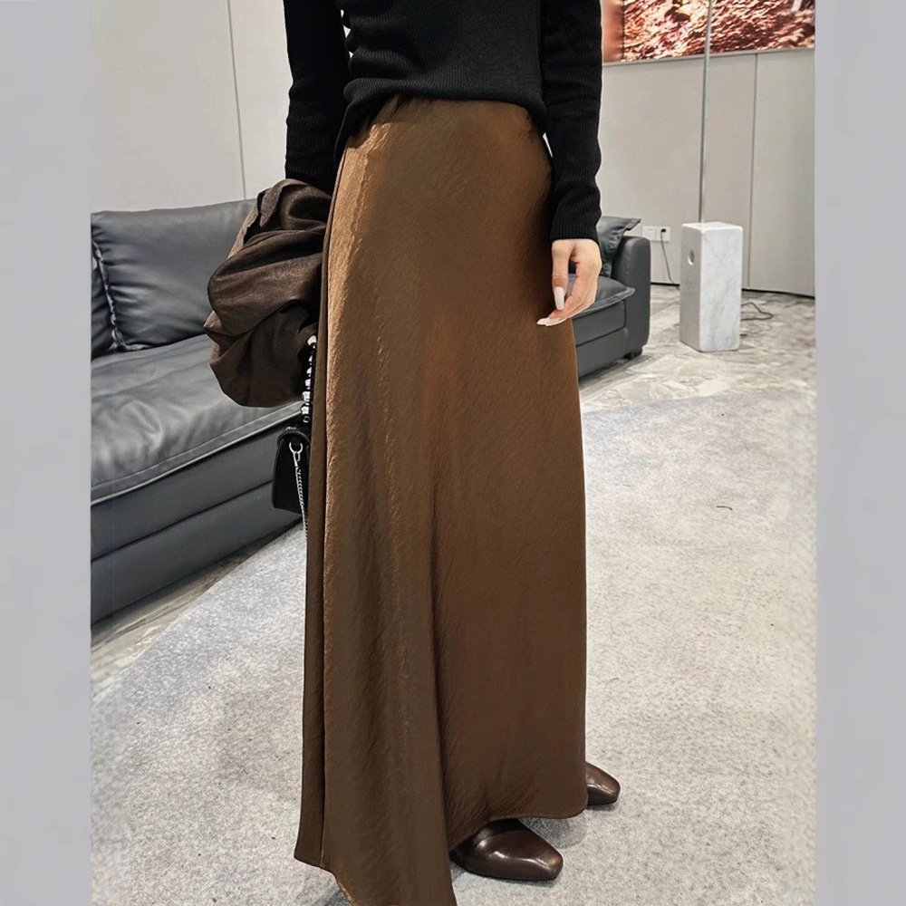 High-Waisted Mid-Length Satin Acetate Skirt with Side Slit, New Style, Hip-Hugging Fishtail A-Line Long Skirt with Large Hem That Extends over the Knee
