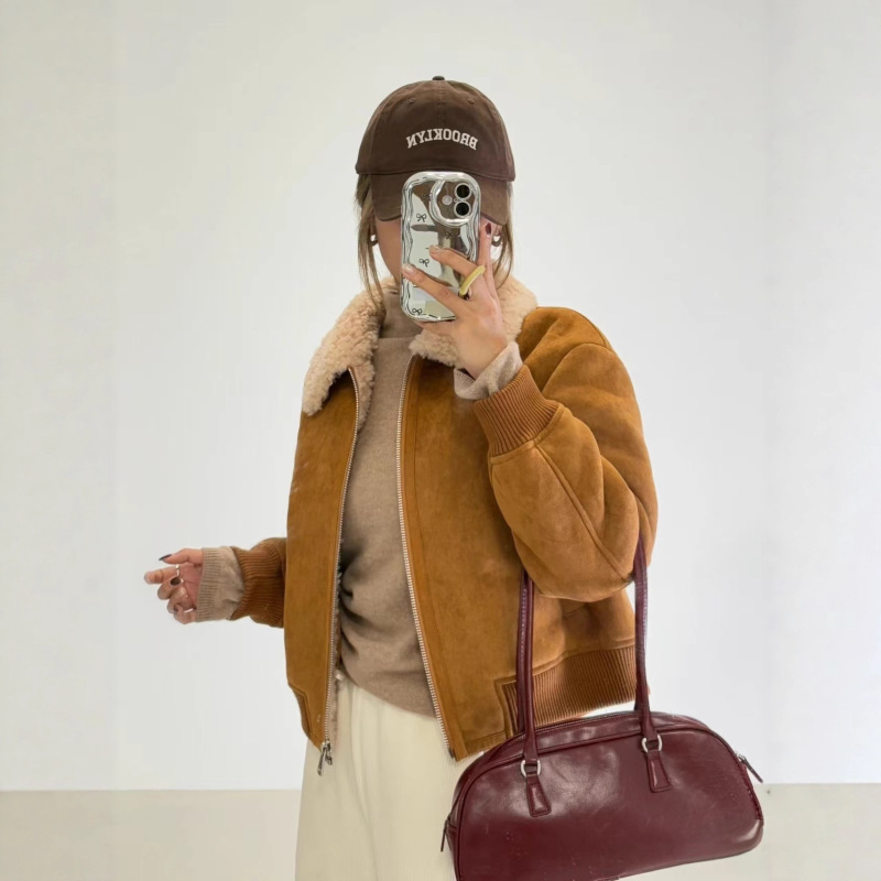 Spot Miu Winter Suede Fur One-Piece Thickeneded Lapel Retro Jacket Simple Casual Outwear Cotton Outwear Women's Trendy