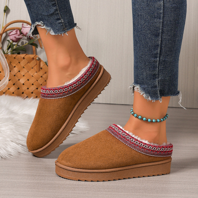 Foreign Trade Large Size Flats Plush Snow Boots 2025 Autumn and Winter New Cotton Shoes Women's Baotou Large Size Thick-Soled Slippers