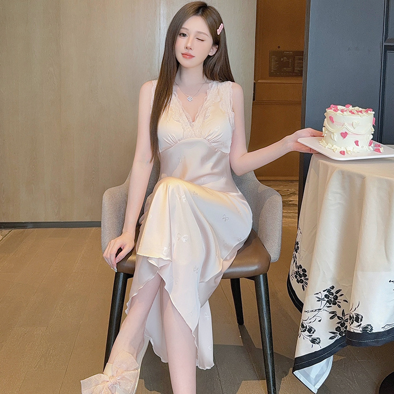 여름용 섹시한 잠옷, 아이스 실크 얇은 고급 프린트 롱 드레스, 가슴 패드 포함, 봄 가을용 큰 사이즈, 슬림한 홈웨어