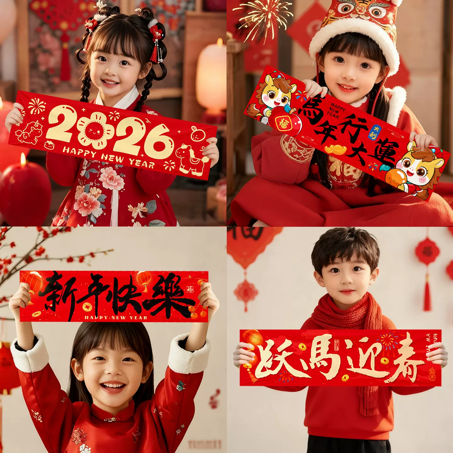 2026马年装饰品元旦跨年新年快乐手持横幅幼儿园儿童打卡拍照道具