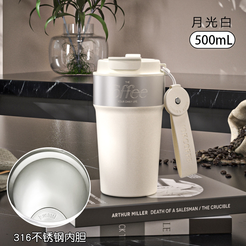 ポータブル二重飲み口コーヒーカップ、ビジネス用ロープ付き二重飲み口カップ、316ステンレス鋼内側スプレーコーティング断熱真空軽量カップ|undefined
