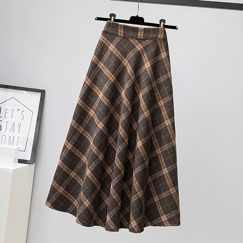 Tide, fitted plaid retro long long skirt, plus size, A-line, high waist