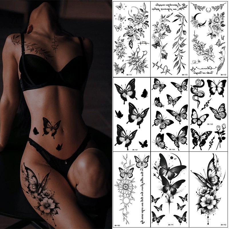 Cross-Border Popular Tattoo Stickers, Plain Flower English Letters, Flower Butterfly Line Transfer Stickers Tattoo