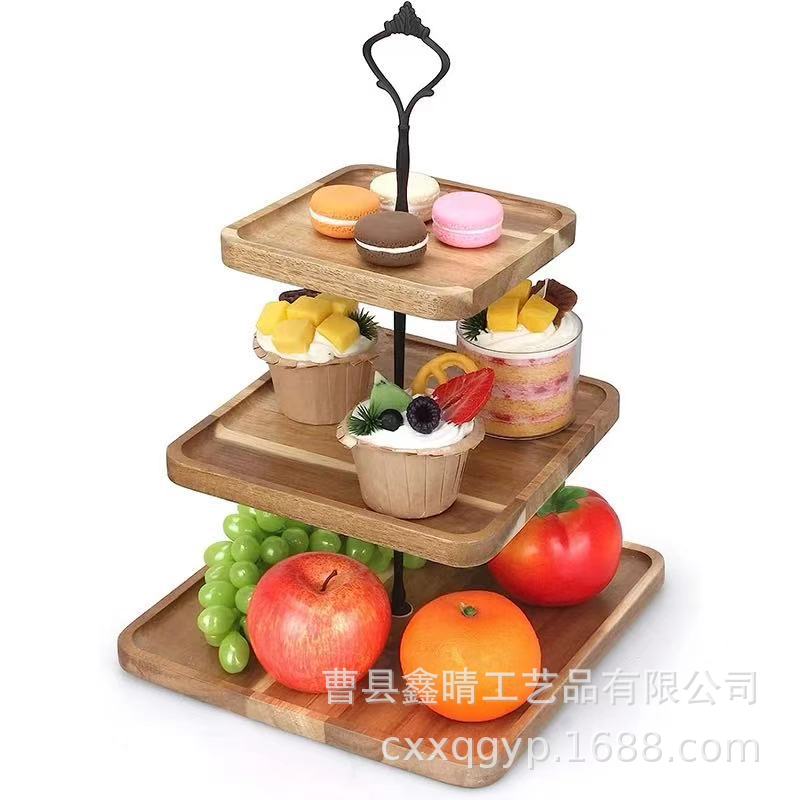 Paleta de postre multicapa de madera de acacia creativa Fiesta de fiesta Bandeja de magdalena de madera Plato de picnic cuadrado de madera