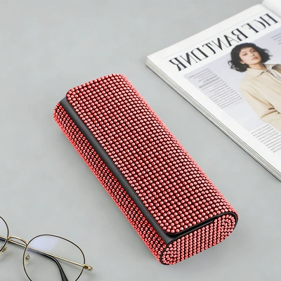 Myopia Glasses Storage Box Wholesale, Sun visor rearview mirror - hotfix-rhinestone-double-oval-eyeglass-case-red-rhinestone