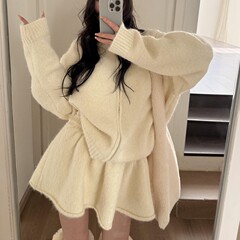韩系学院风减龄针织套装女软糯宽松拉链毛衣开衫+短款半身裙2件套