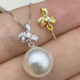 DIY配件s925纯银珍珠吊坠空托配饰蝴蝶结蜜蜡坠子通体银挂坠精致