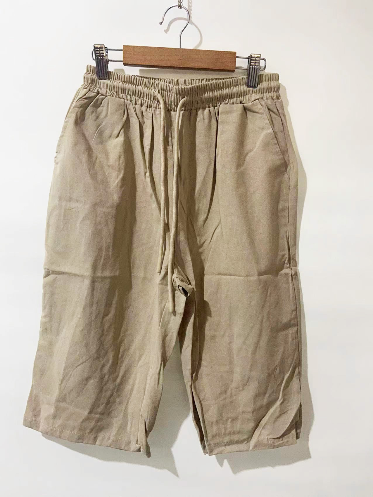 Women's Cotton Linen Casual Pants With Pockets Elastic Waist Five Point Khaki Style_ecoleips.com