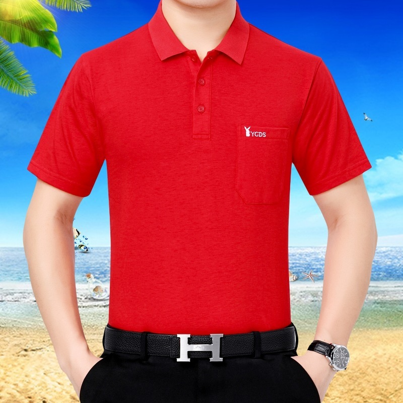 父純綿tシャツ男半袖中年男服折り襟真袋純色男中老人カジュアルtシャツ男|undefined