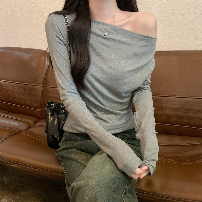 露肩修身抽褶长袖T恤女早秋新款修身显瘦内搭不规则斜肩上衣冬季|undefined