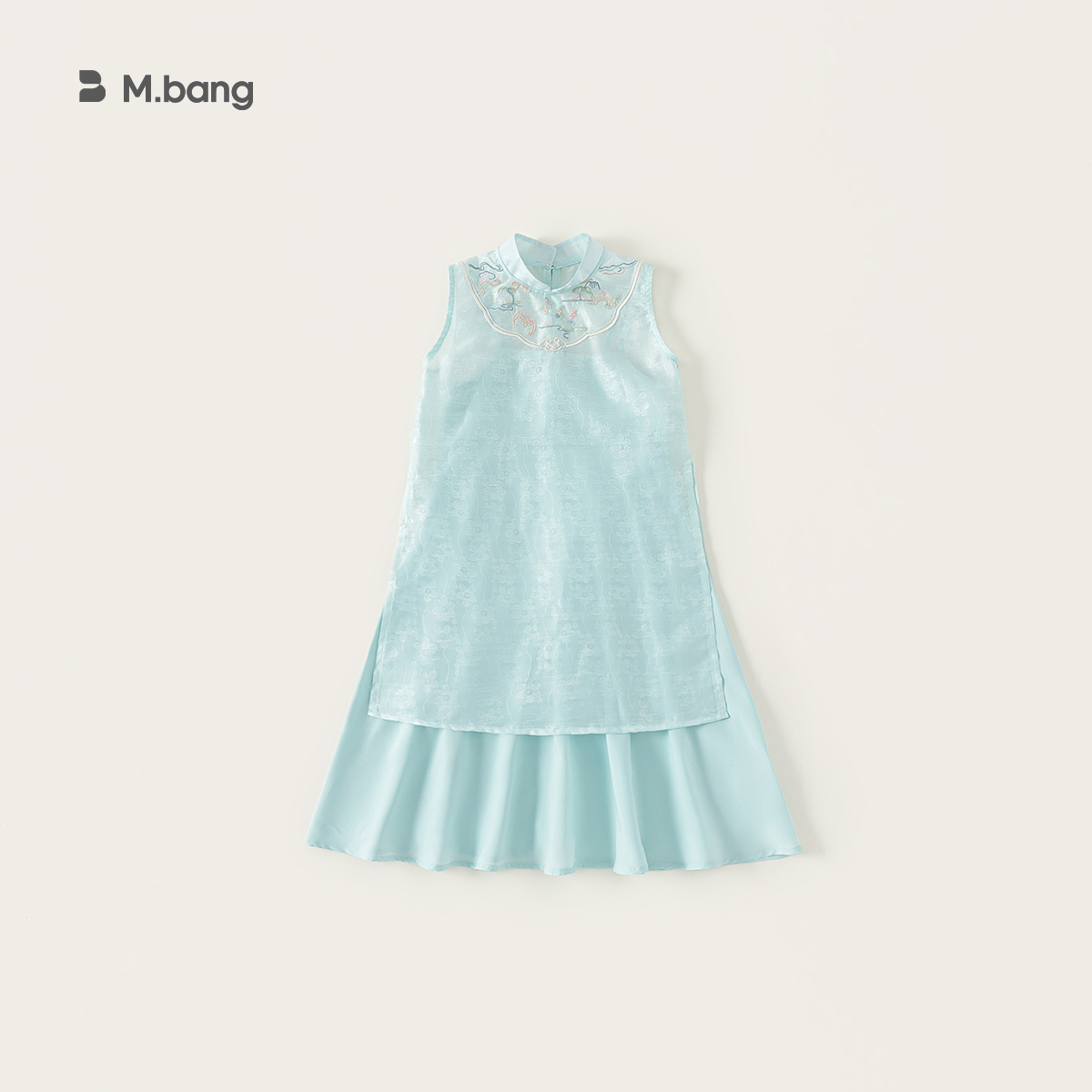Youbao ropa para niños traje de niña verano bordado estilo nacional cuello alto vestido cheongsam vestido de tirantes de color sólido traje de dos piezas