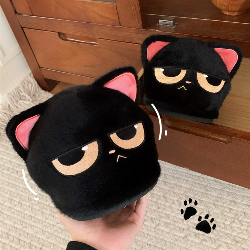 Меховые тапочки для мужчин и женщин в виде пары злых маленьких черных котиков, зимние плюшевые теплые домашние тапочки с закрытой пяткой и удобной хлопковой подкладкой.