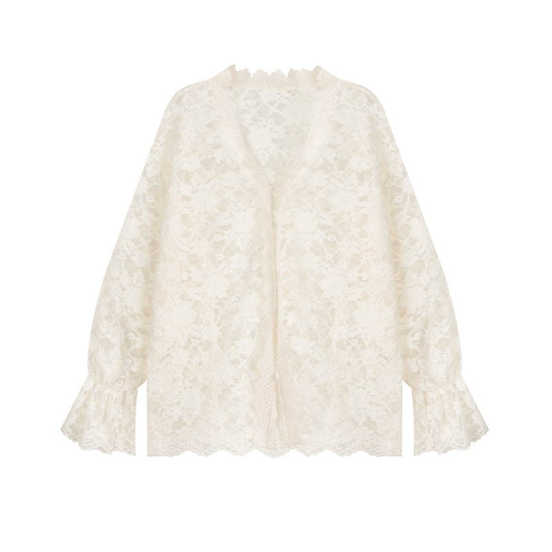 Gray Diary Fragrant Soft Inner Lace Trumpet Sleeve Top White V-Neck Gentle Style White Cardigan Top Shirt