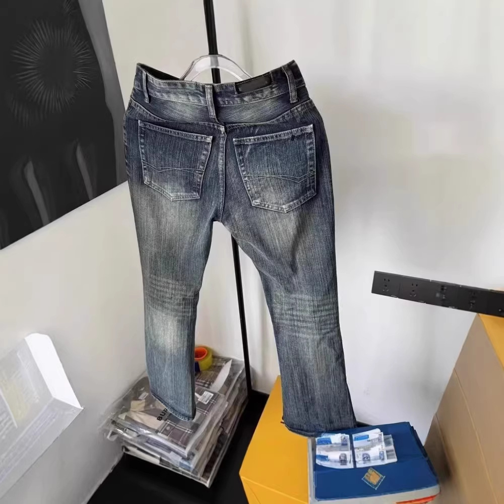 快手网红同款水洗复古蓝竹节纹牛仔裤子男百搭直筒小众微喇长裤潮