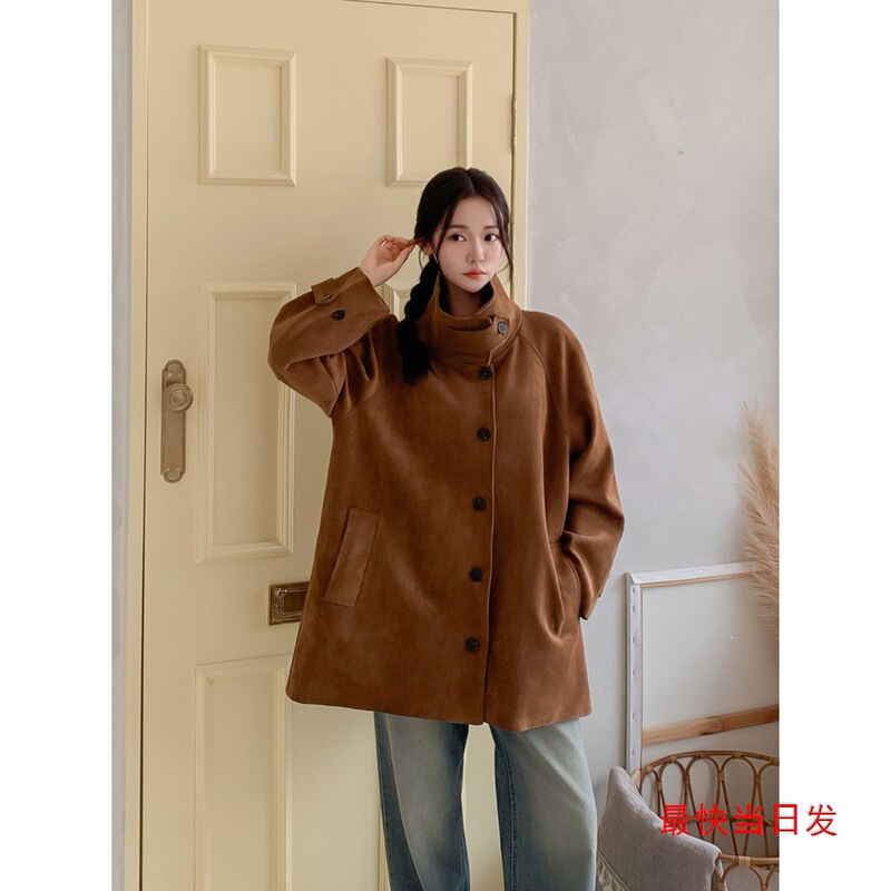 Korean chic retro stand-collar suede loose A-line cape jacket 2026 autumn and winter mid-length coat Korean chic retro stand-collar suede loose A-line cape jacket 2026 autumn and winter mid-length coat