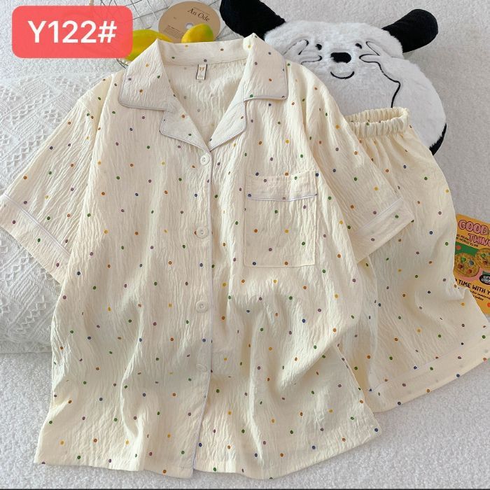 Pijamas de algodón de nube al por mayor transfronterizo para mujer nueva rebeca de verano solapa pantalones cortos de manga corta traje de servicio a domicilio dulce y lindo