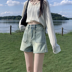 蓝色复古高腰牛仔短裤女2025年夏季新款宽松显瘦薄款a字阔腿热裤